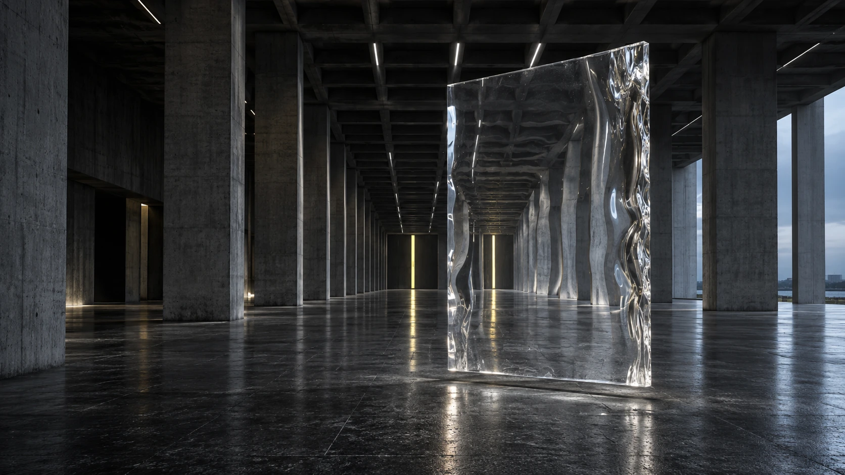 Transparent rippled glass suspended in a monumental concrete hall